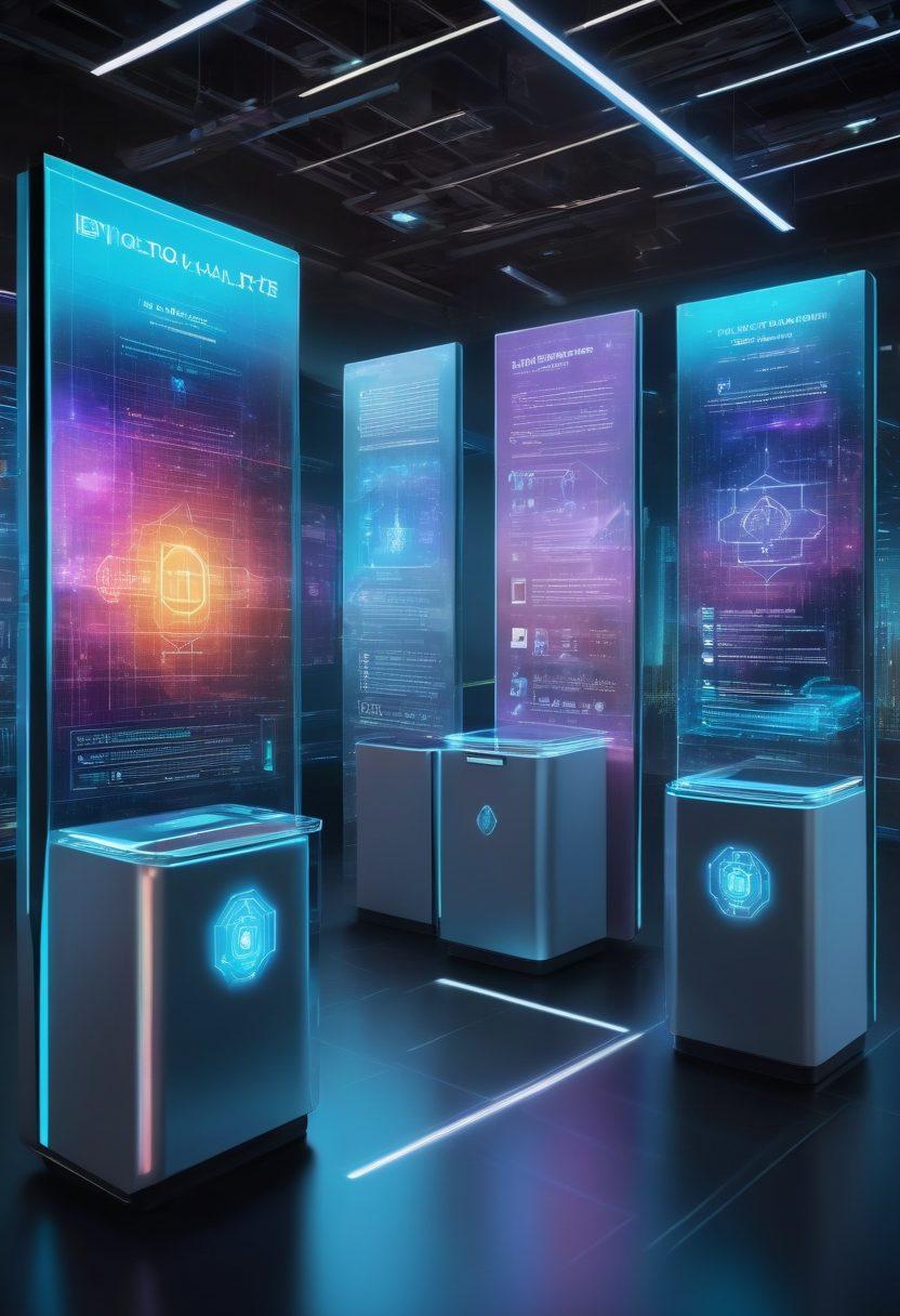 A futuristic voting booth with holographic screens showing secure digital ballots, surrounded by futuristic technology symbols like blockchain and encryption. Diverse individuals are actively engaging with the e-voting system in a high-tech environment. The background features a blend of digital and futuristic cityscape elements. super-realistic. vibrant colors. high-tech atmosphere.