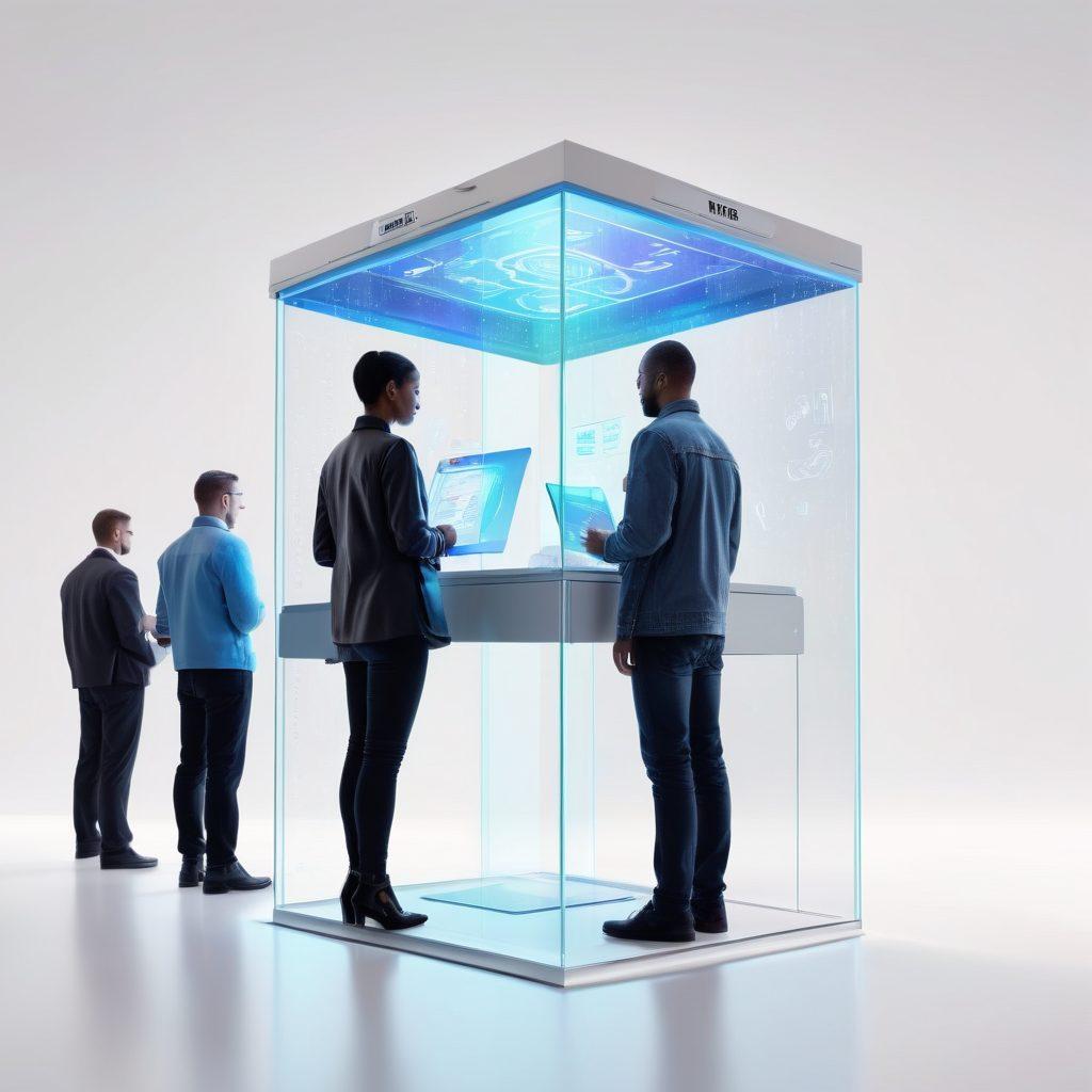A futuristic voting booth surrounded by holographic security measures, with diverse people excitedly casting their votes. The background features a blend of digital rain and traditional symbols of democracy. Emphasize a balance between advanced technology and human participation. super-realistic. vibrant colors. white background.