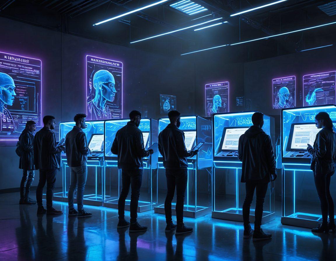 A futuristic voting booth with a holographic interface, citizens casting their votes using advanced digital tablets, illuminated by neon blue lights. The background shows a blend of paper ballots and digital code flowing seamlessly together, symbolizing the transition from traditional to electronic voting. Include diverse people to represent inclusivity. cyberpunk. vibrant colors.